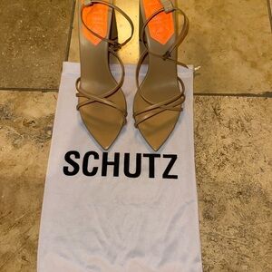 Schutz Franceline Sandal in Nappa Light Wood Tan Strappy Heels size 10